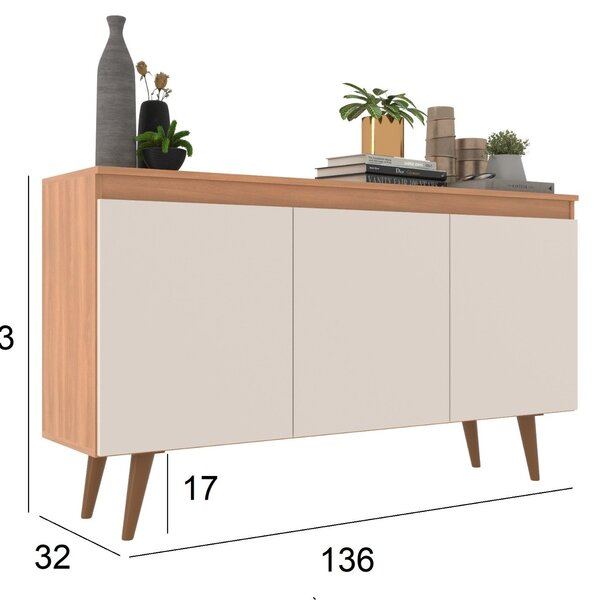 Buffet 3 Portas 136cm Retrô Elza Yescasa Freijó/off White - Viva Lar Moveis