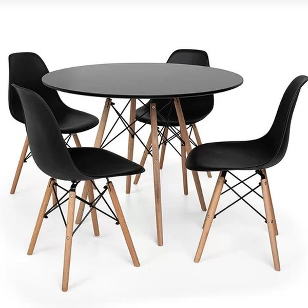 Mesa Redonda 90cm Com 4 Cadeiras Eames Eiffel Pés De Madeira Preta - Viva Lar Moveis